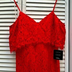 New red size s, lace, Lulu’s dress floor length with high slit off shoulder